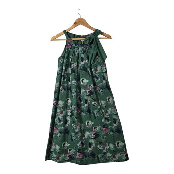 Bellambra Pure Linen Shift Dress sz XS Green Print Sleeveless Tie Neck Italy - Picture 1 of 12